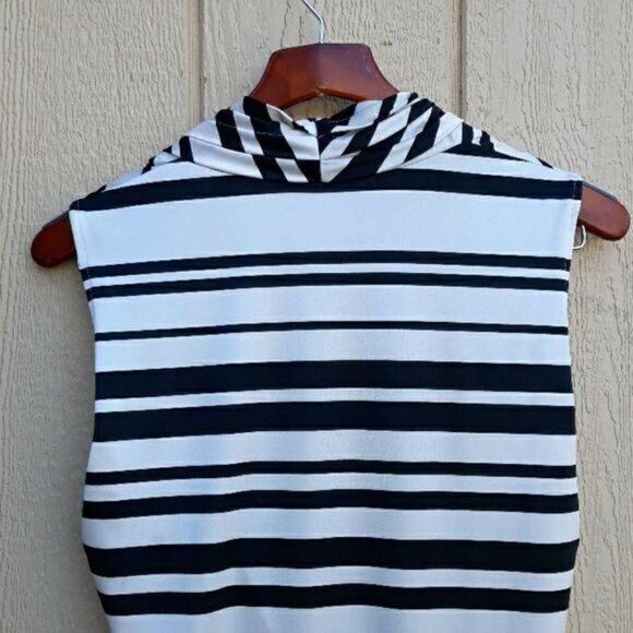New York & Company Sleeveless Mock Wrap Draped Metallic Black Striped Blouse Sz - Picture 7 of 8